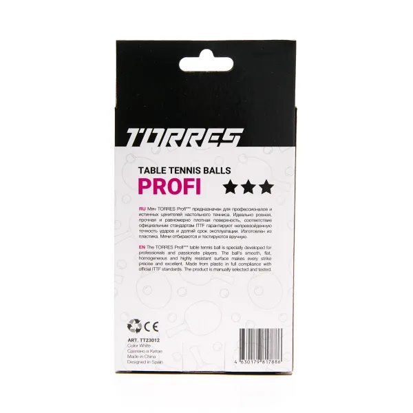 Мяч для наст. тенниса TORRES Profi 3*, TT23012, диам. 40+мм, упак. 6 шт, белый за 338.30 ₽ в Рязани
